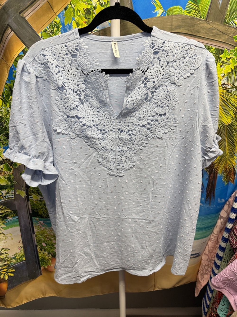Falechay Crochet Yoke Dot Swiss Light Blue Blouse